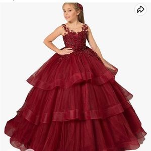 Flower girl formal dress kids wine red tulle hall gown